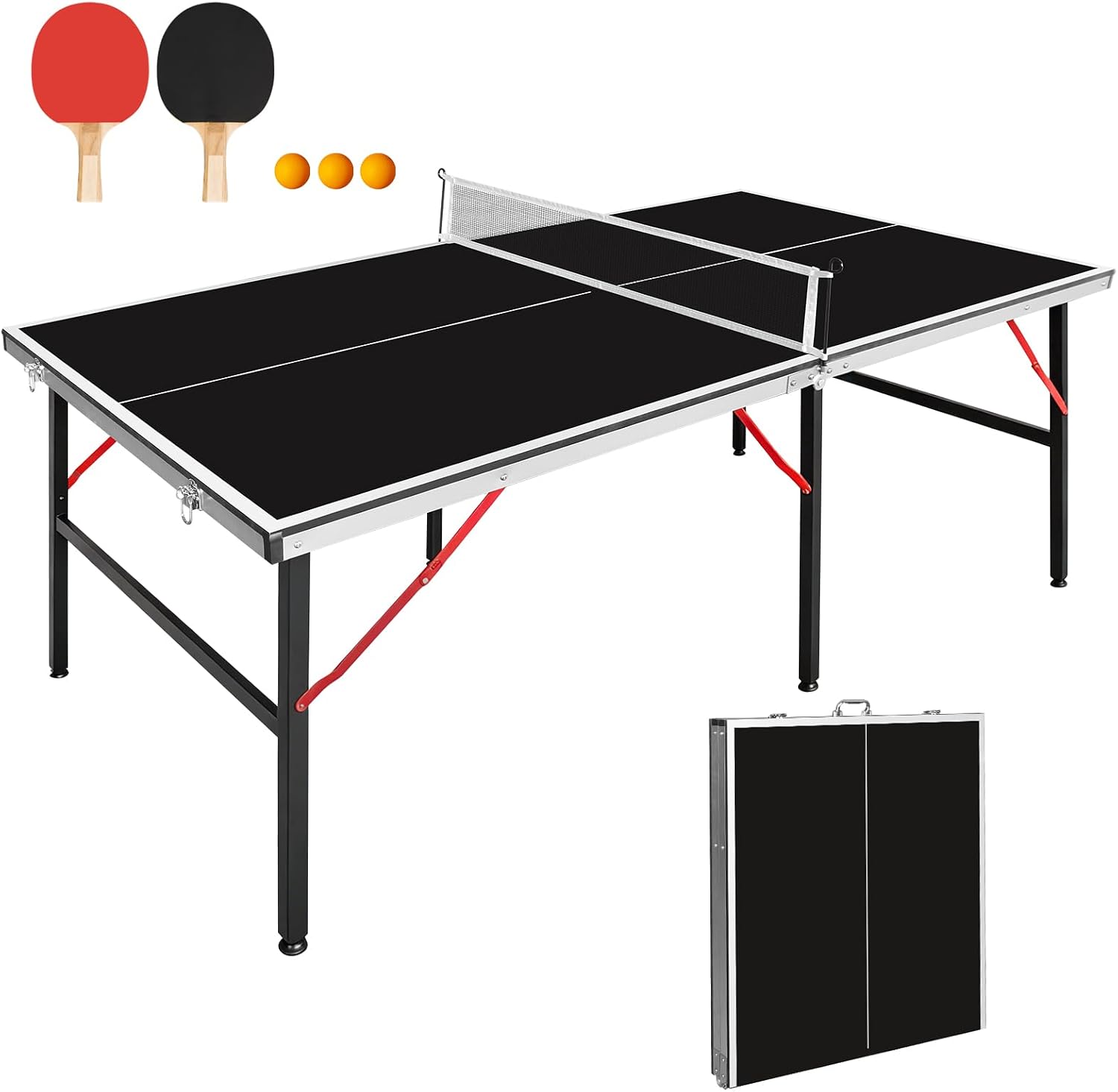 6FT 72''x36'' Ping Pong Table Foldable Midsize Table Tennis Table with Net, Paddles and Balls, MDF Multi-Use Family Game Table Assembly Free for Kid Teenager Adult, Compact & Portable